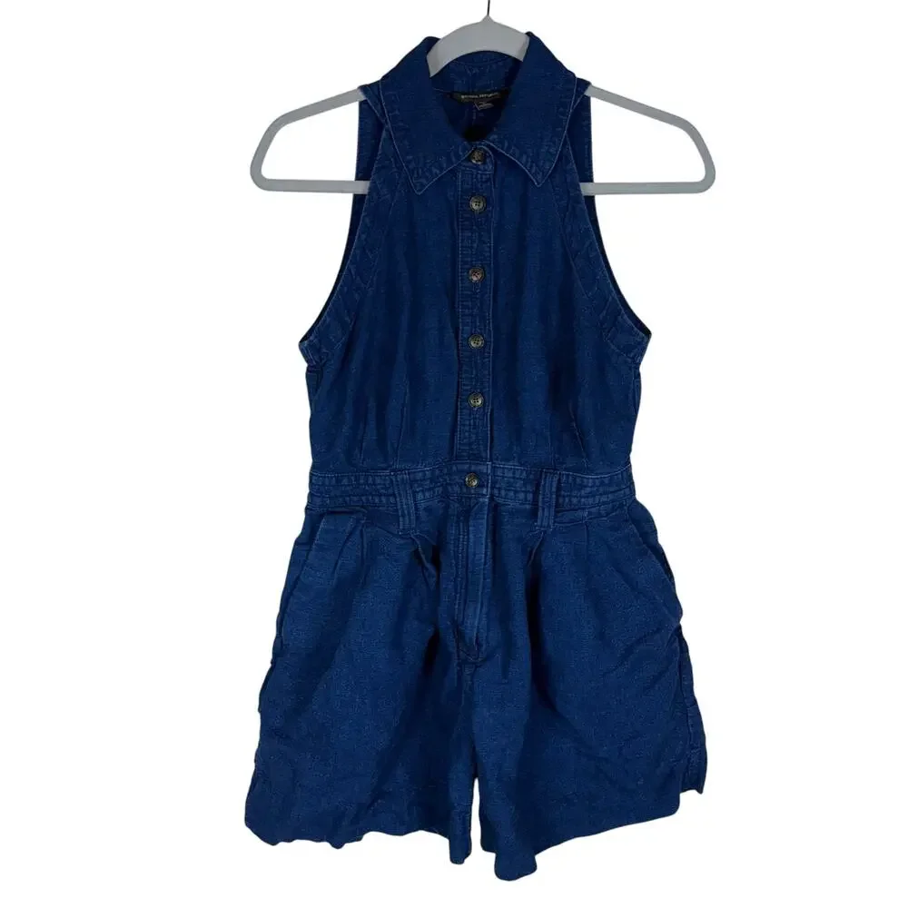 Banana Republic Camp Romper Womens 2 Petite Blue Linen Button Front Tie Waist‎